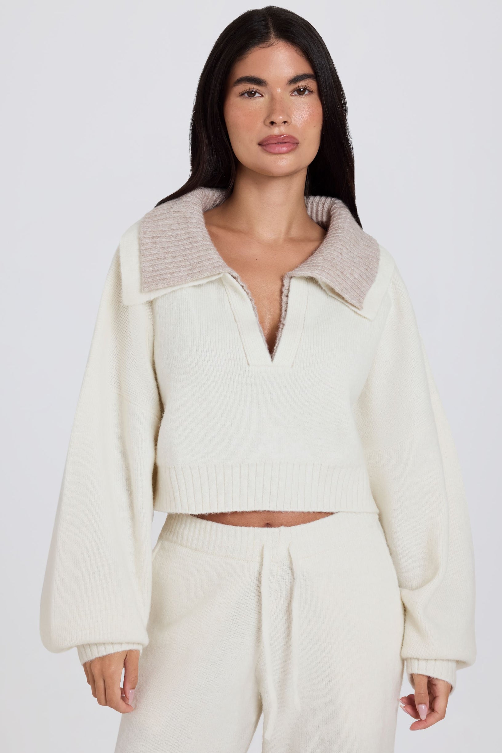 Soft Knit Layered Collar Cropped Jumper in Ivory - 1