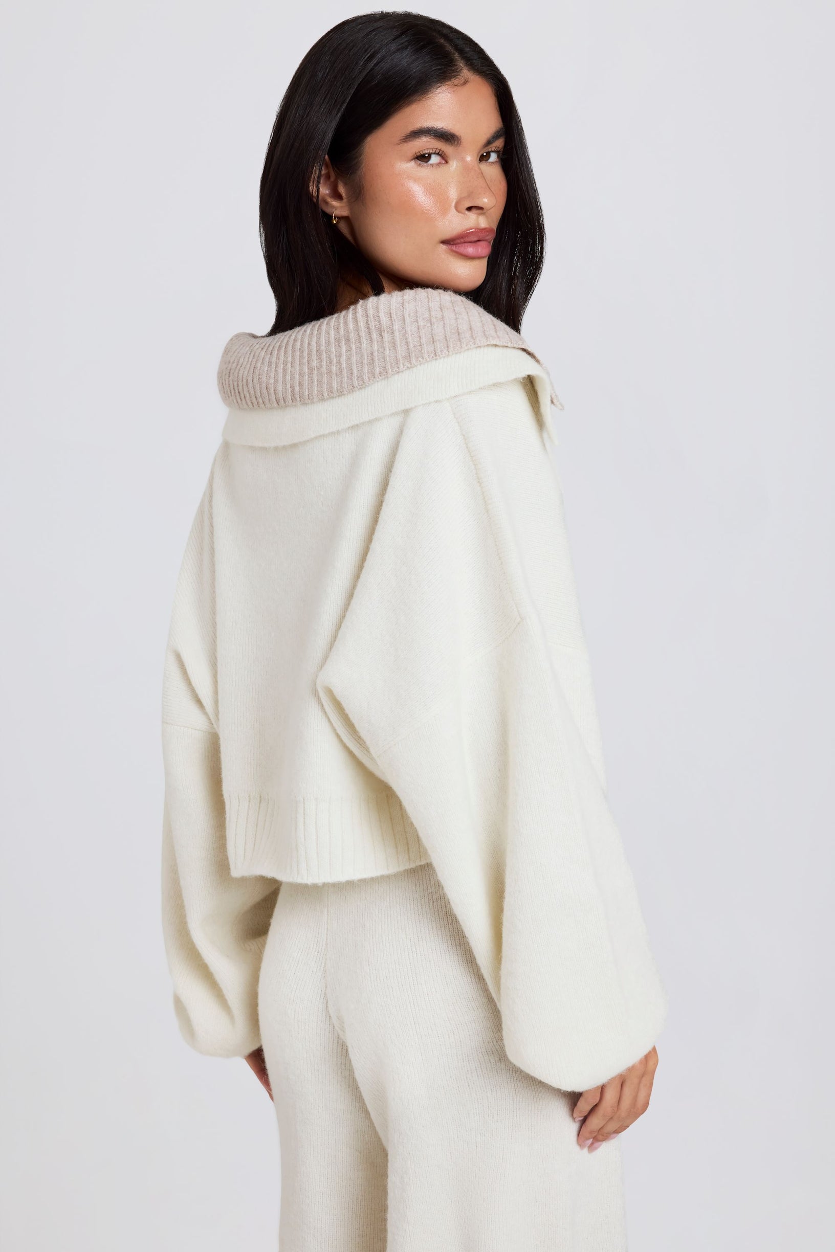Soft Knit Layered Collar Cropped Jumper in Ivory - 2