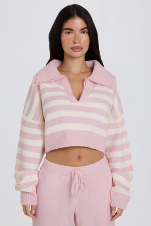 Soft Knit Layered Collar Cropped Jumper in Pink Stripe