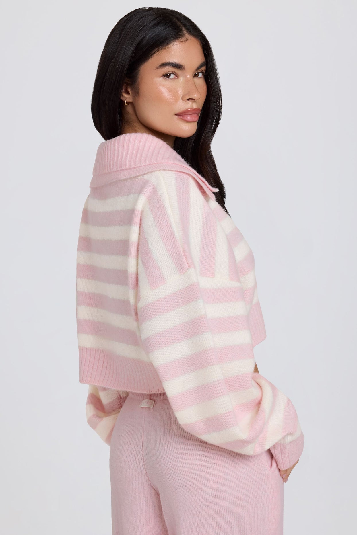 Soft Knit Layered Collar Cropped Jumper in Pink Stripe - 2