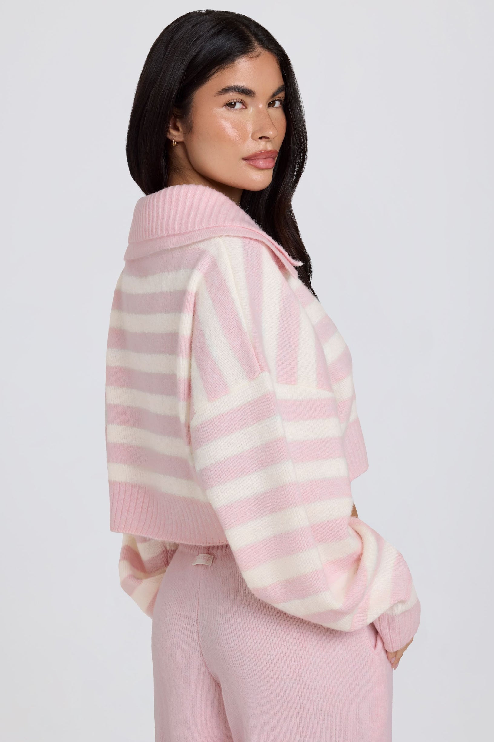 Soft Knit Layered Collar Cropped Jumper in Pink Stripe - 2