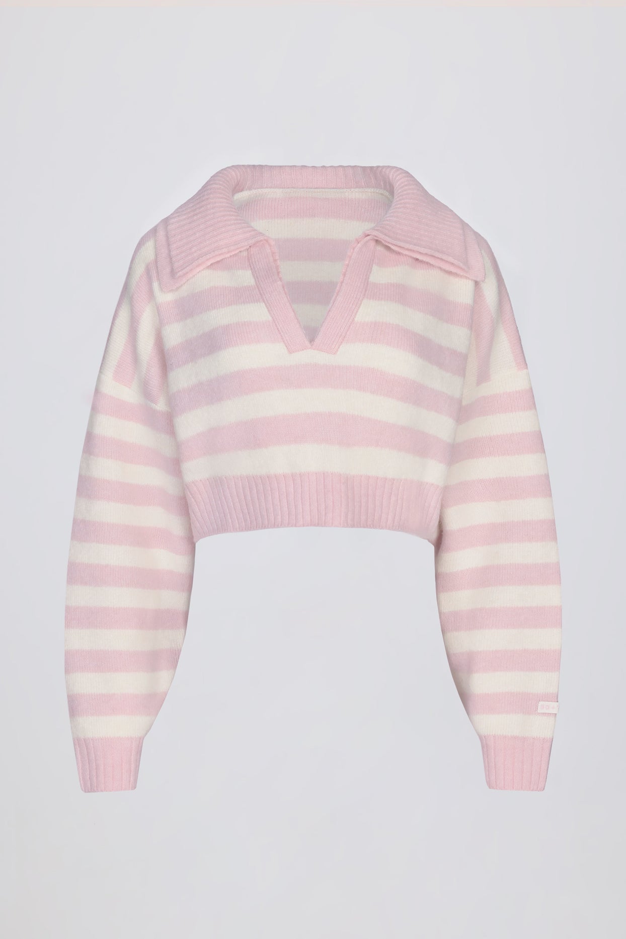 Soft Knit Layered Collar Cropped Jumper in Pink Stripe - 3