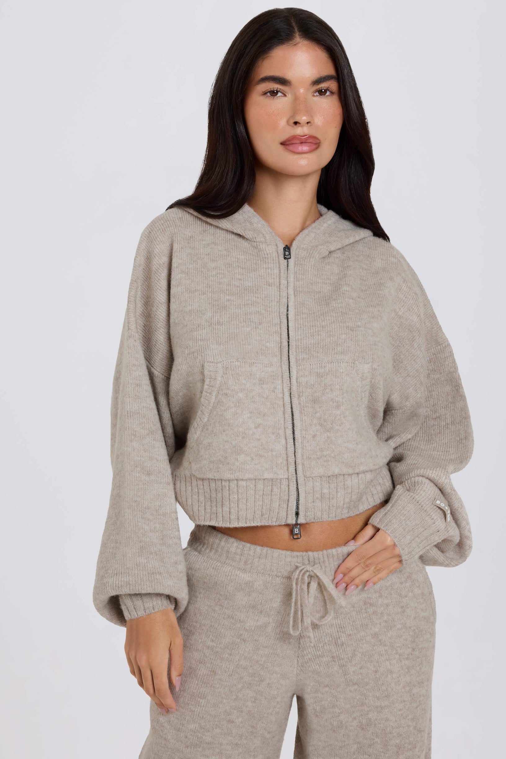 Soft Knit Zip-Up Cropped Hoodie in Beige - 1