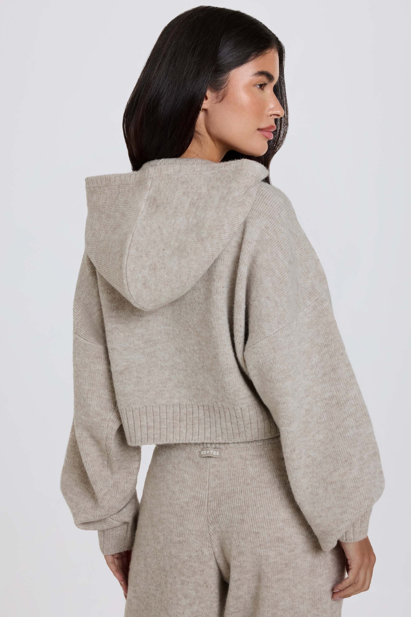 Soft Knit Zip-Up Cropped Hoodie in Beige - 2