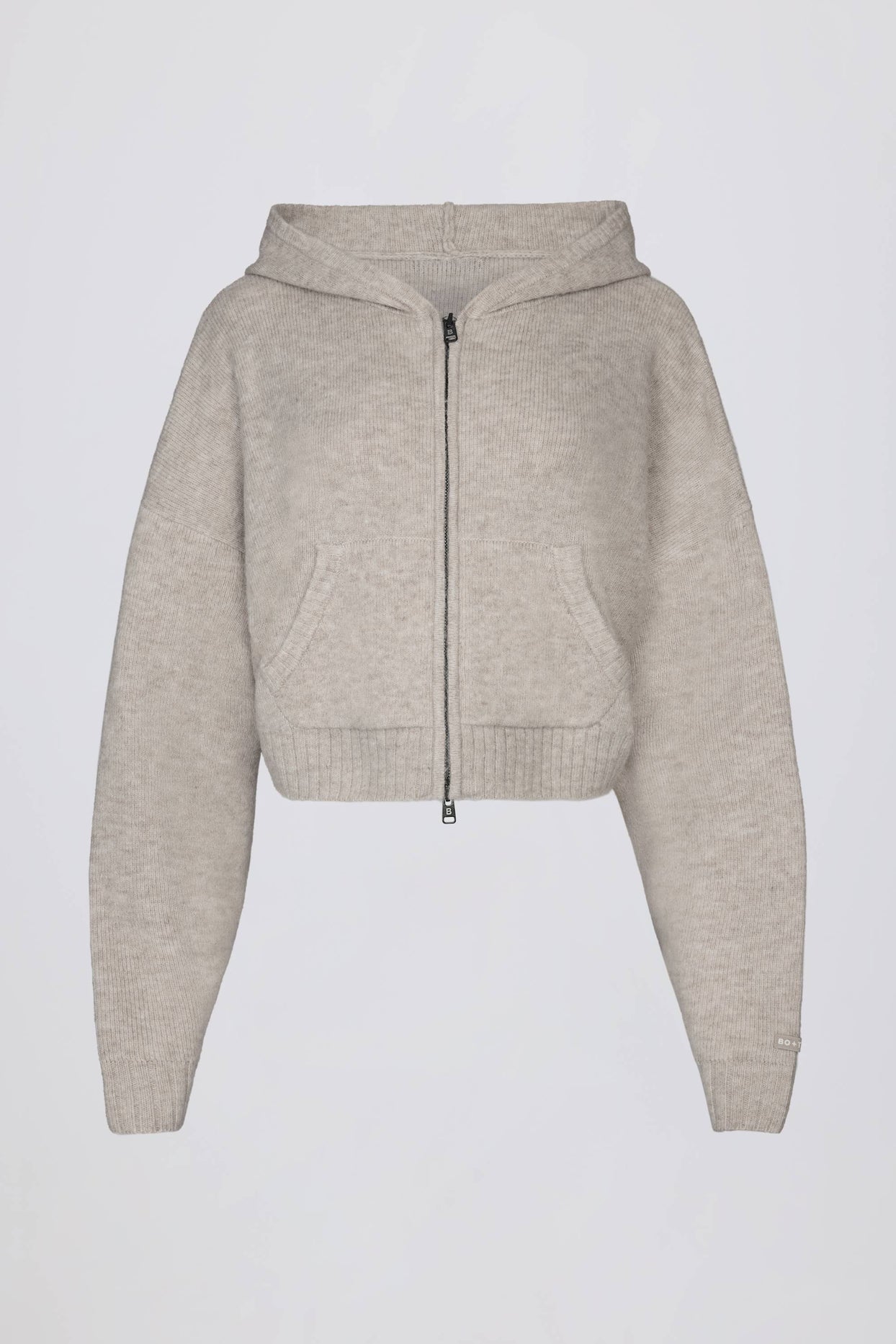Soft Knit Zip-Up Cropped Hoodie in Beige - 3