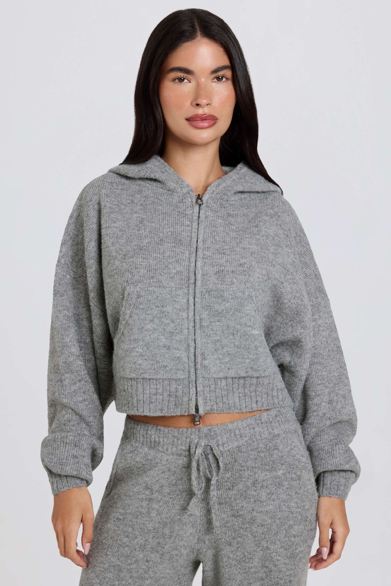 Soft Knit Zip-Up Cropped Hoodie in Grey - 1