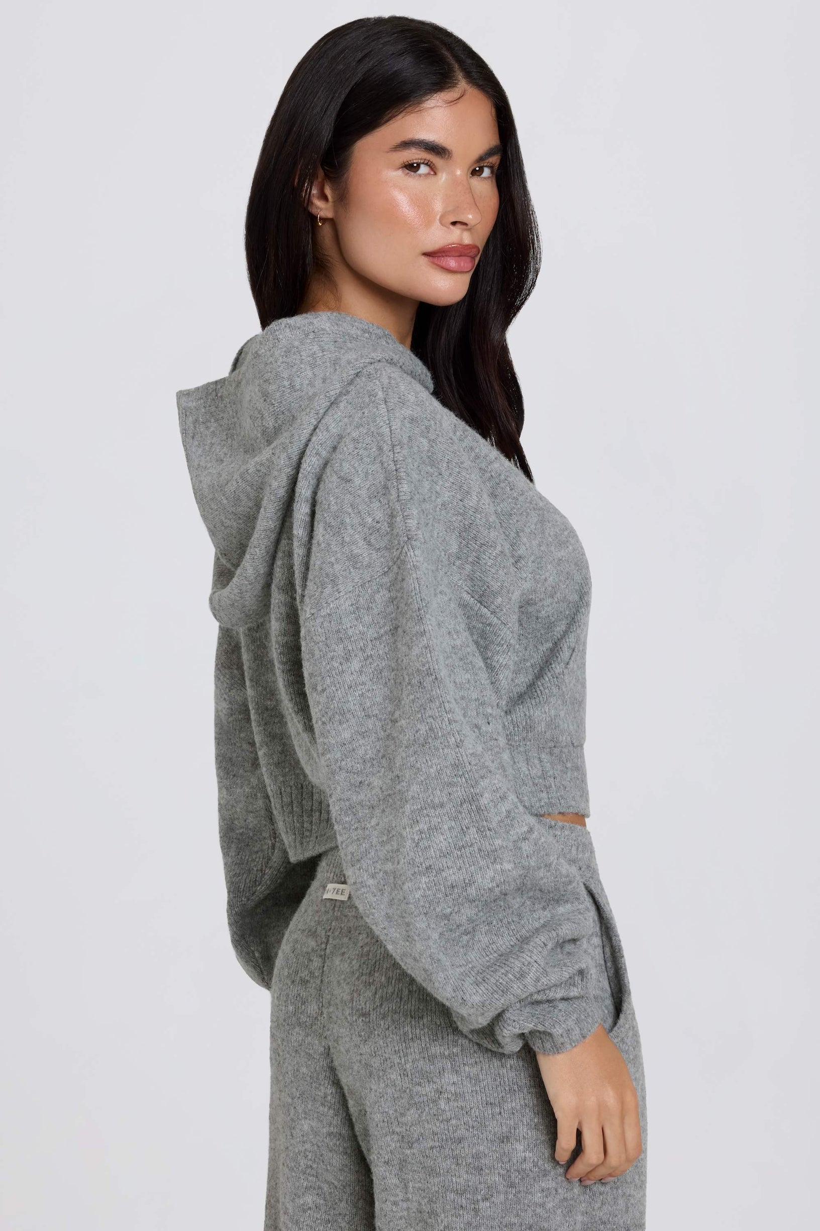 Soft Knit Zip-Up Cropped Hoodie in Grey - 2