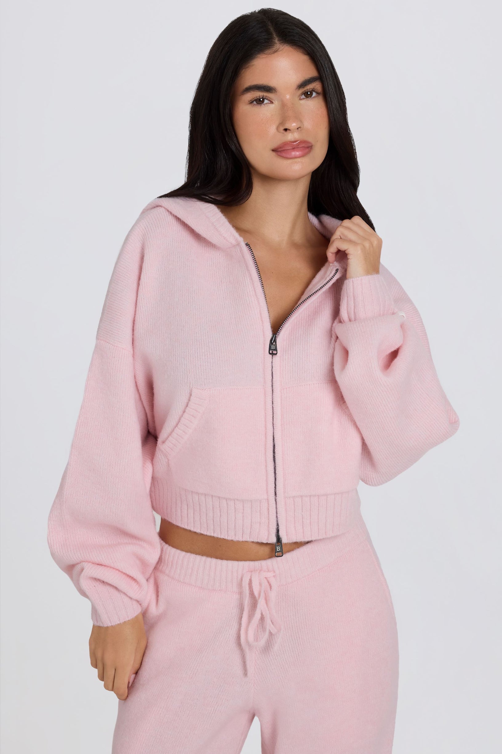 Soft Knit Zip-Up Cropped Hoodie in Soft Pink - 1
