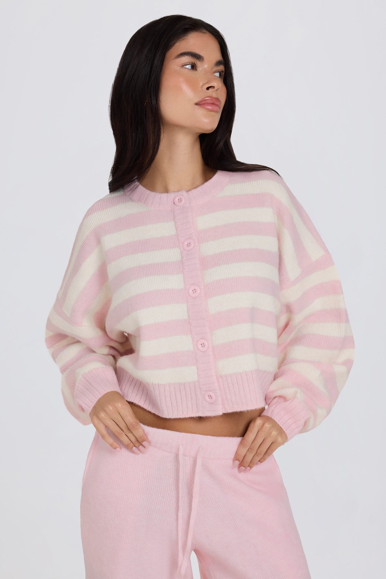 Soft Knit Stripe Cropped Cardigan in Pink Stripe - 1