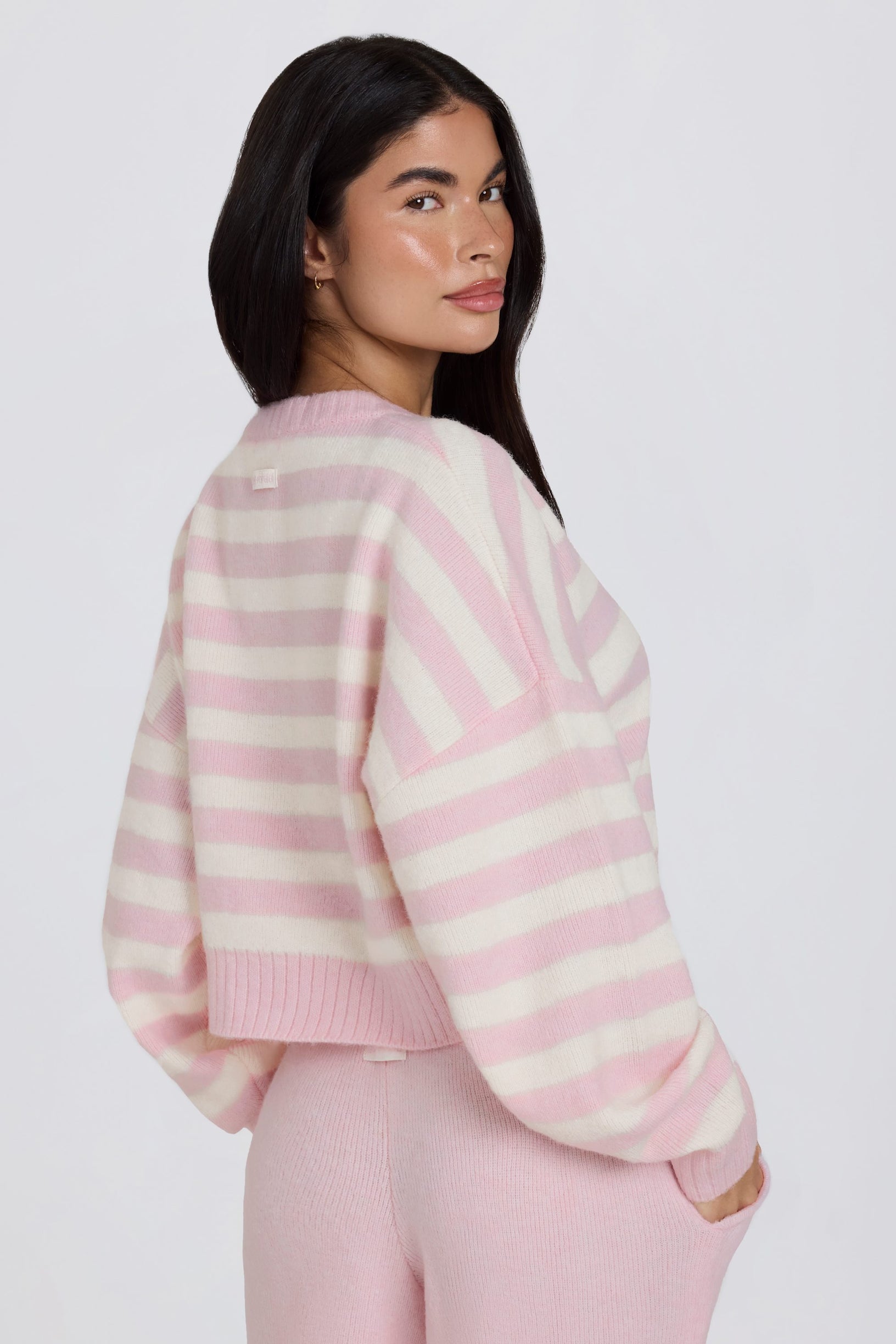 Soft Knit Stripe Cropped Cardigan in Pink Stripe - 2