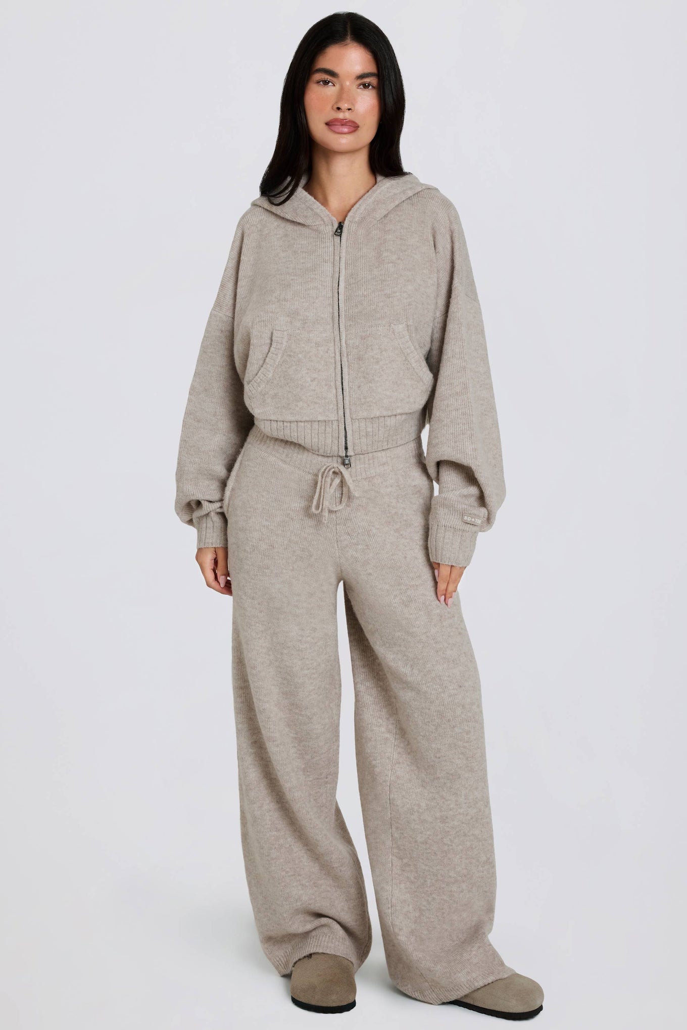 Knit Mid-Rise Wide-Leg Joggers in Beige - 1