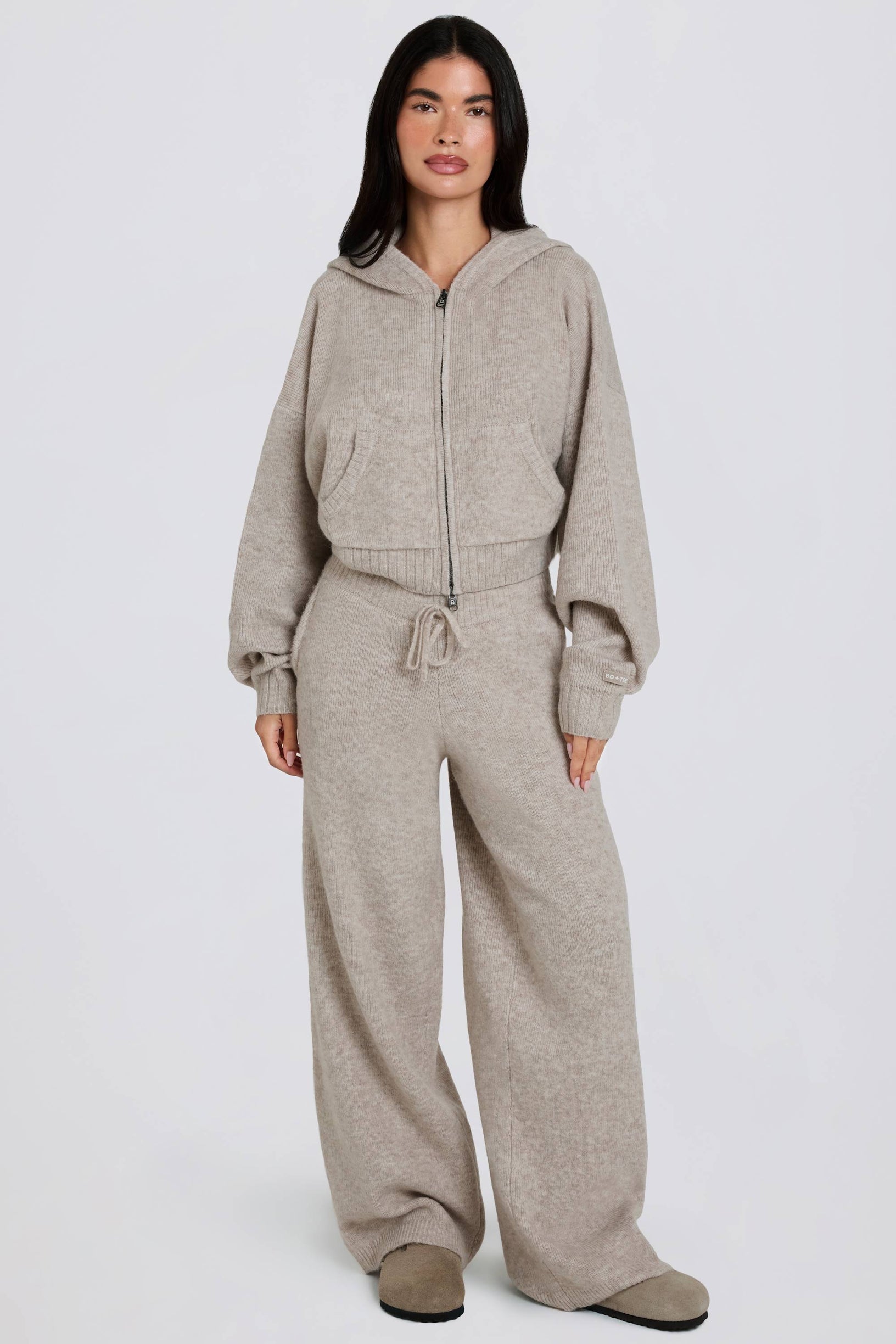Knit Mid-Rise Wide-Leg Joggers in Beige - 1