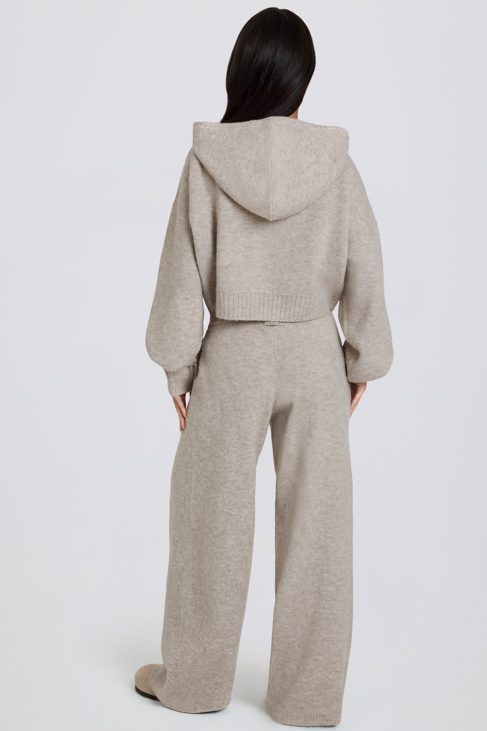 Knit Mid-Rise Wide-Leg Joggers in Beige - 2