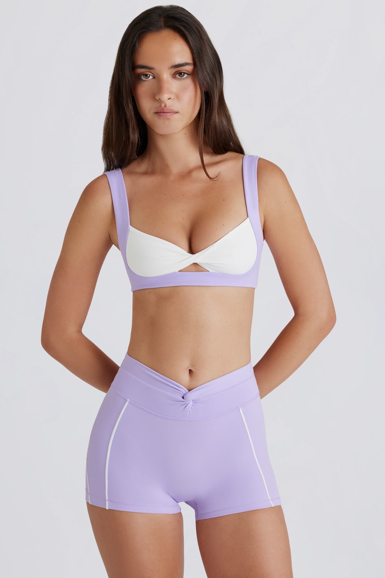 Soft Active Twist-Front Mini Shorts in Lilac - 1
