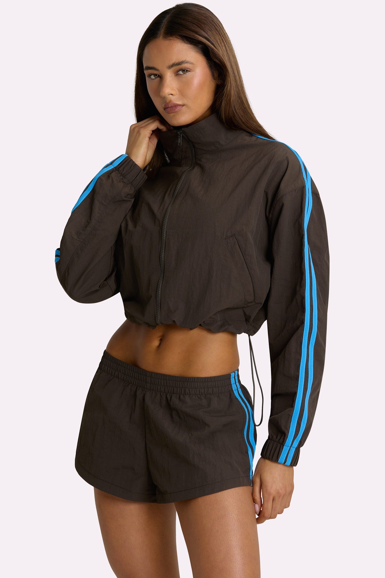 Woven Zip-Up Track Jacket in Truffle - 1
