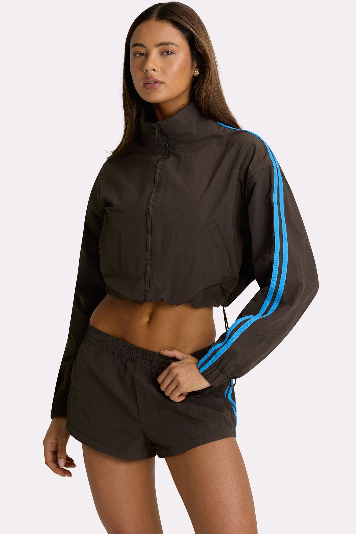 Woven Zip-Up Track Jacket in Truffle - 5