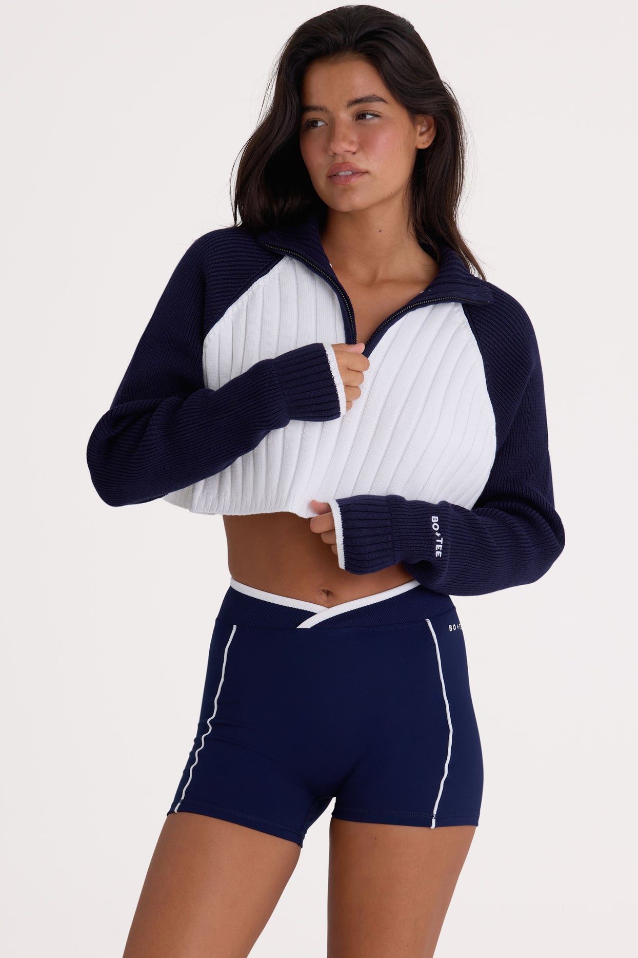 Ribbed Knit Quarter-Zip Cropped Jumper in Midnight - 4