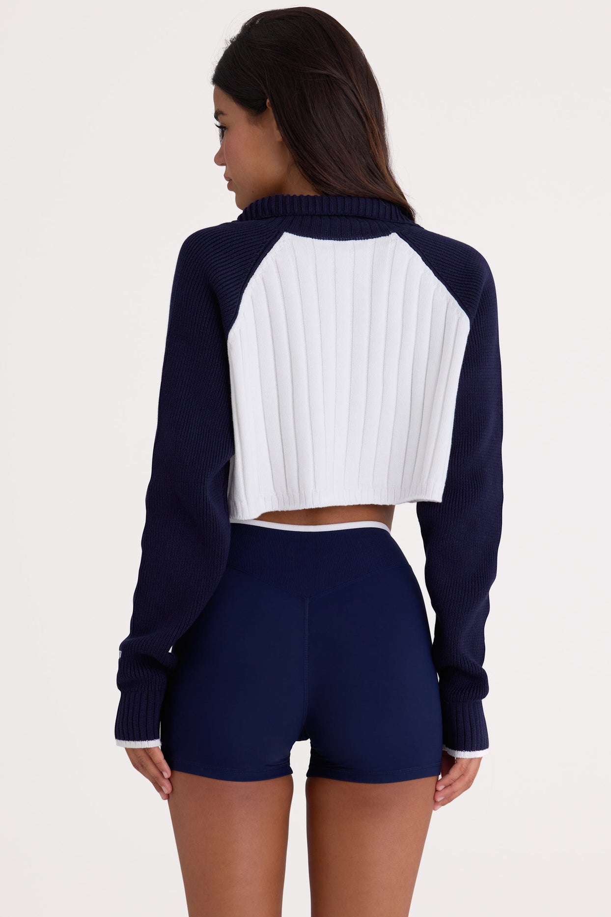 Ribbed Knit Quarter-Zip Cropped Jumper in Midnight - 2