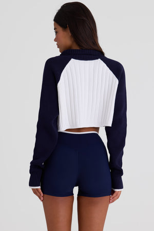 Ribbed Knit Quarter-Zip Cropped Jumper in Midnight