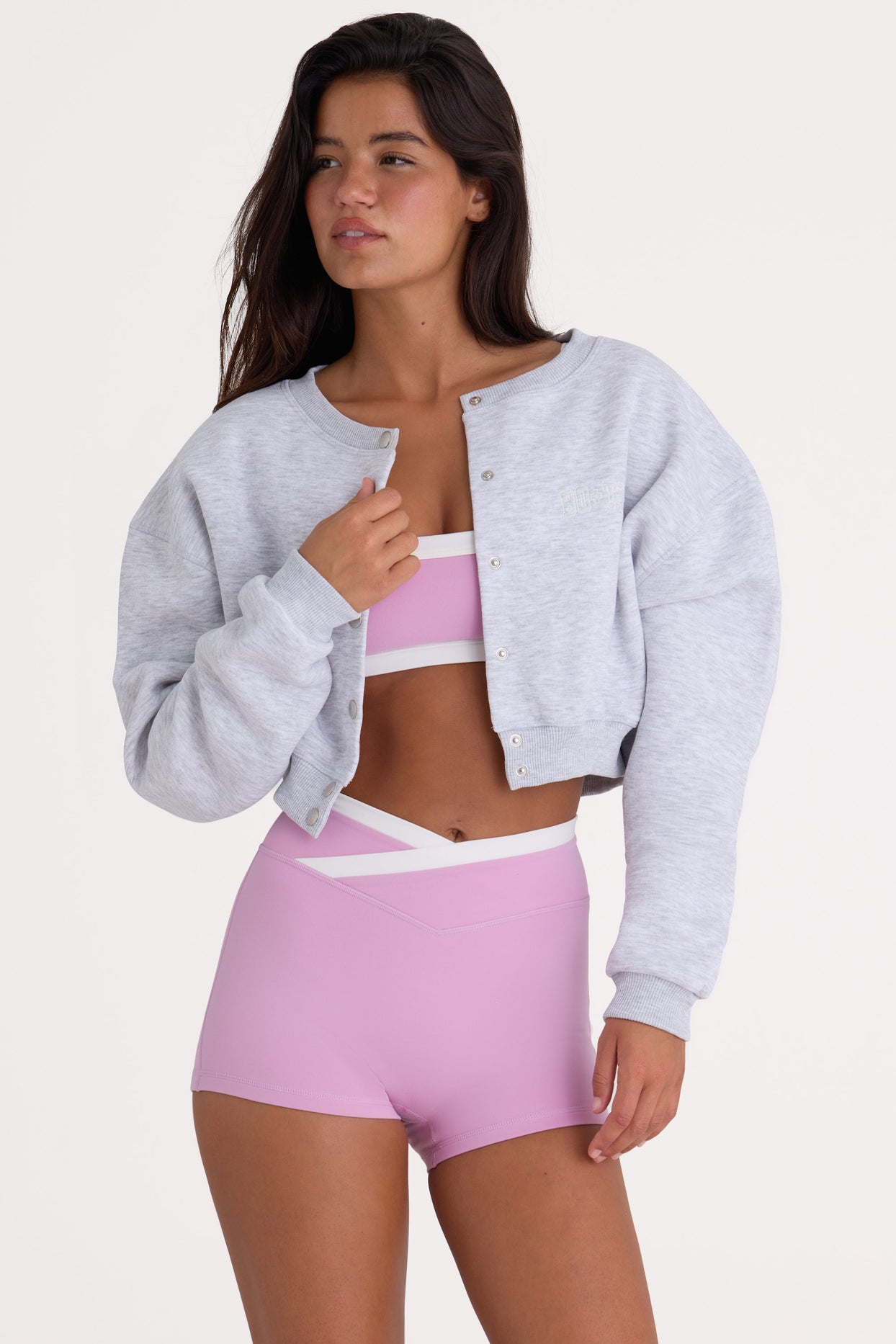 Brushed Jersey Button-Up Cropped Cardigan in Grey Marl - 1