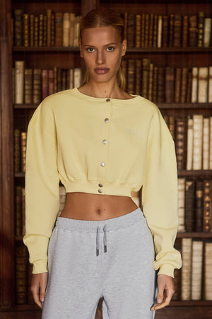 Premium Brushed Jersey Button-Up Cropped Cardigan in Soft Yellow