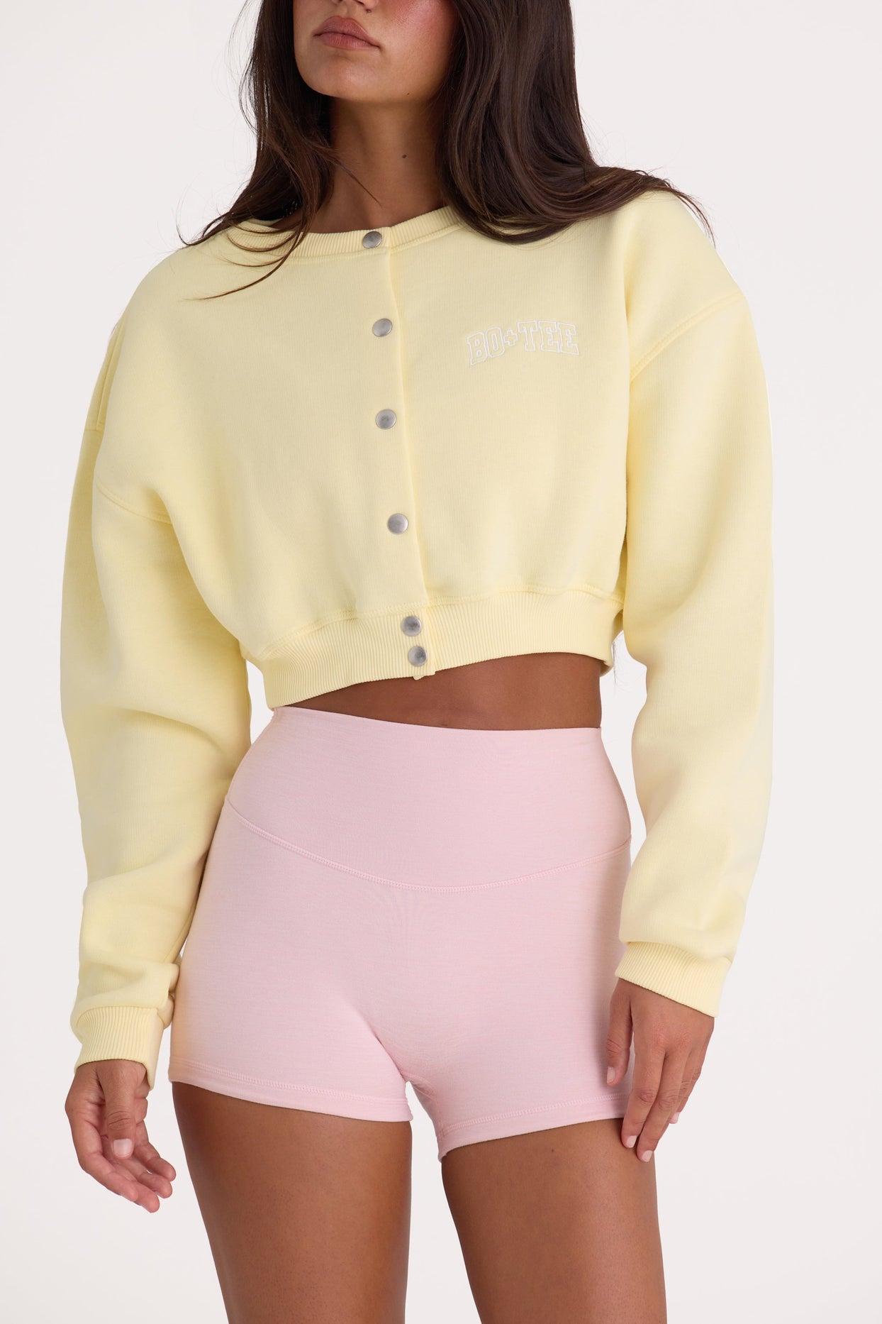 Brushed Jersey Button-Up Cropped Cardigan in Lemon - 4