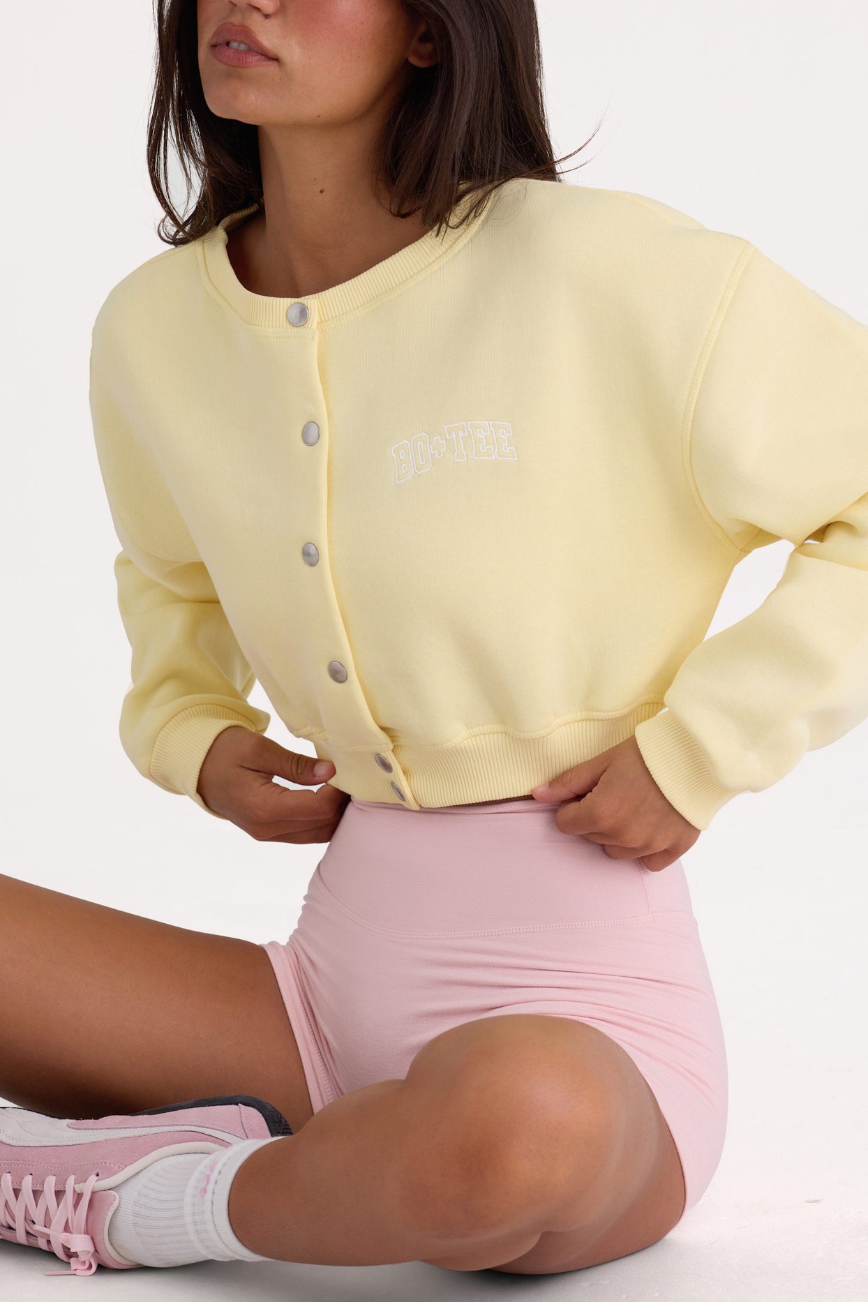 Brushed Jersey Button-Up Cropped Cardigan in Lemon - 3