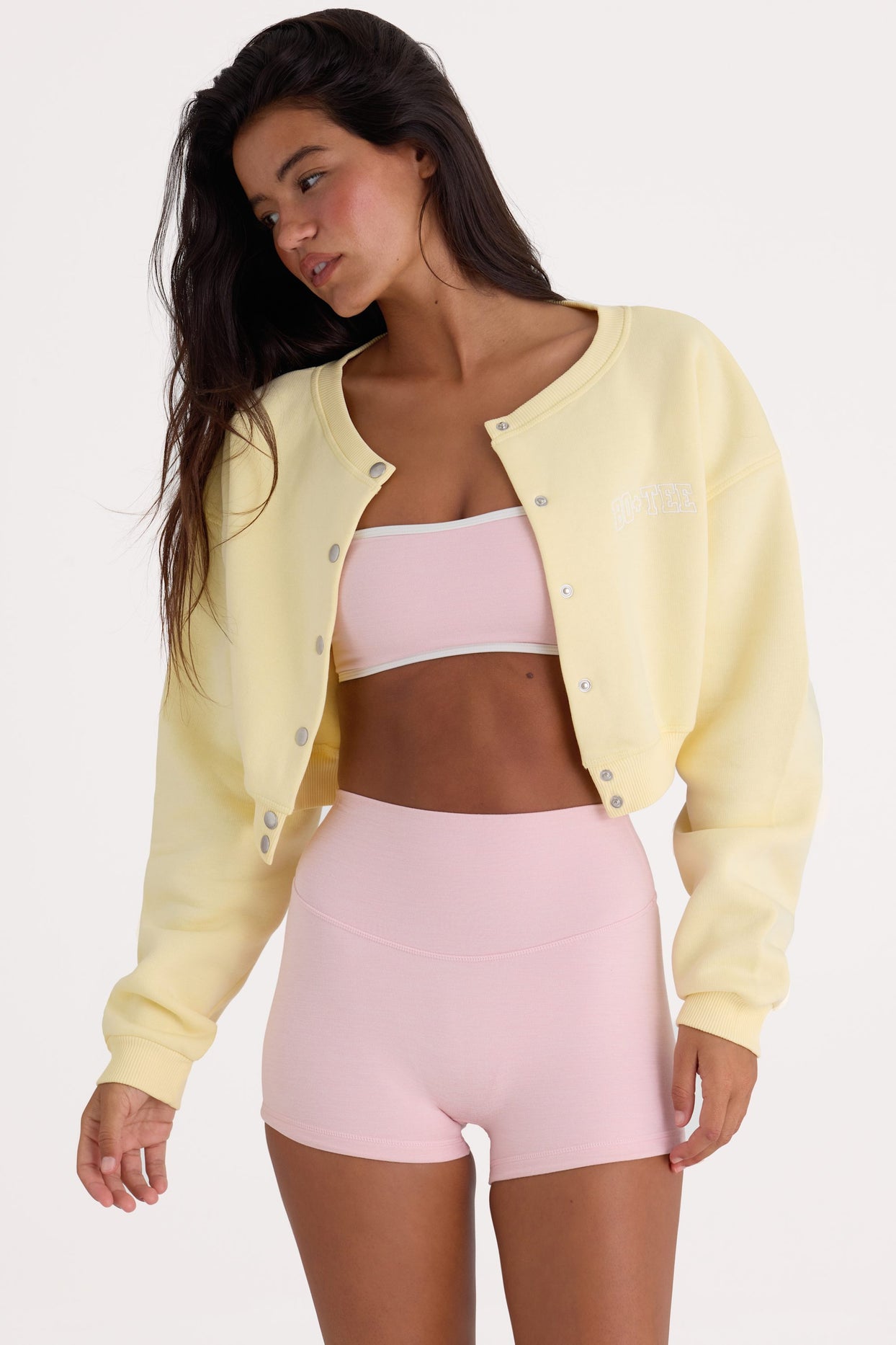 Brushed Jersey Button-Up Cropped Cardigan in Lemon - 1