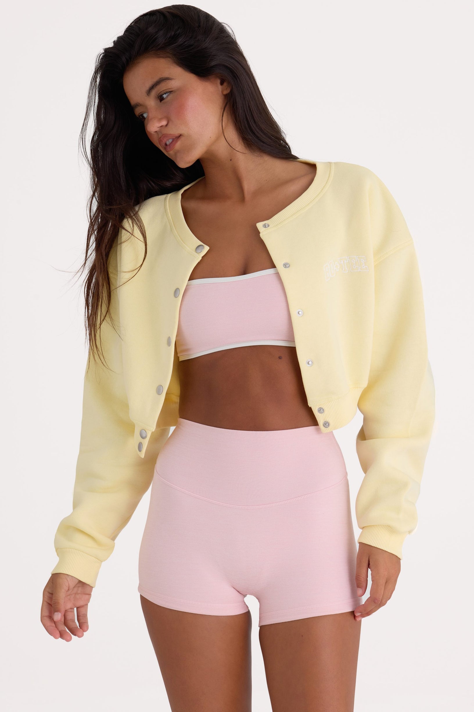 Brushed Jersey Button-Up Cropped Cardigan in Lemon - 1