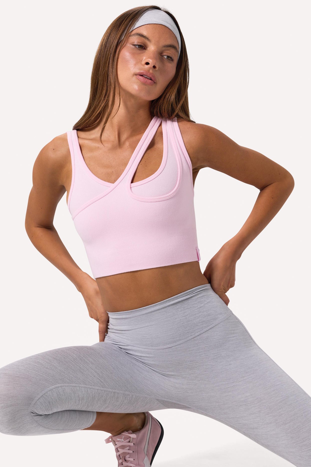 Seamless Soft Rib Asymmetric Sports Bra in Powder Pink - 1