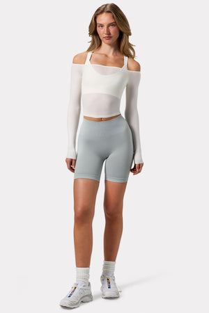 Bo+Tee model Kiele wearing the Lift Biker Shorts in Grey Super Sculpt (Seamless) fabric perfect for gym workouts