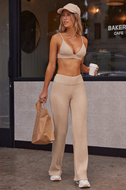 Petite Soft Rib High Waist Fold Over Trousers in Sand