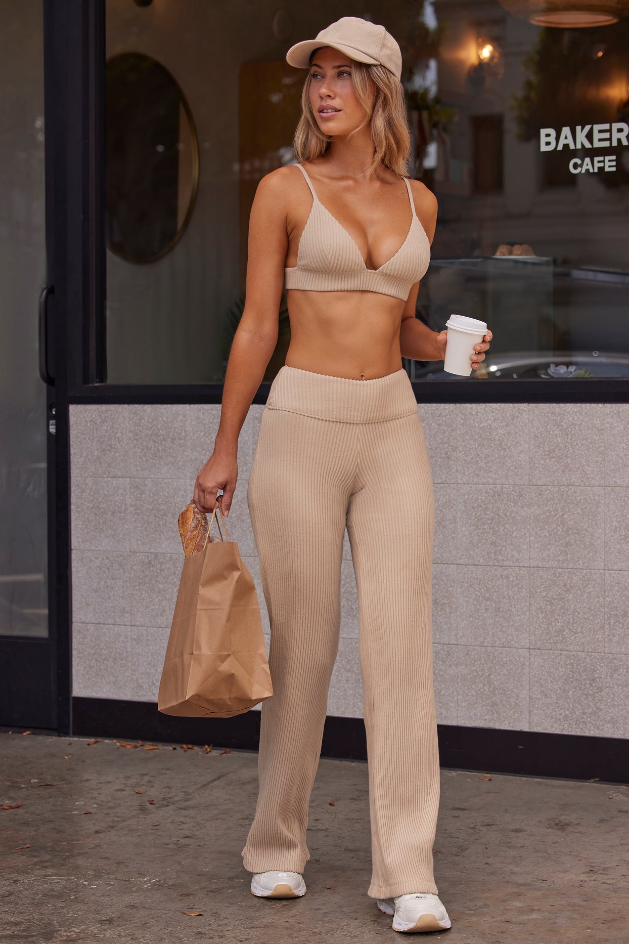 Soft Rib High Waist Fold Over Trousers in Beige Sand - 8
