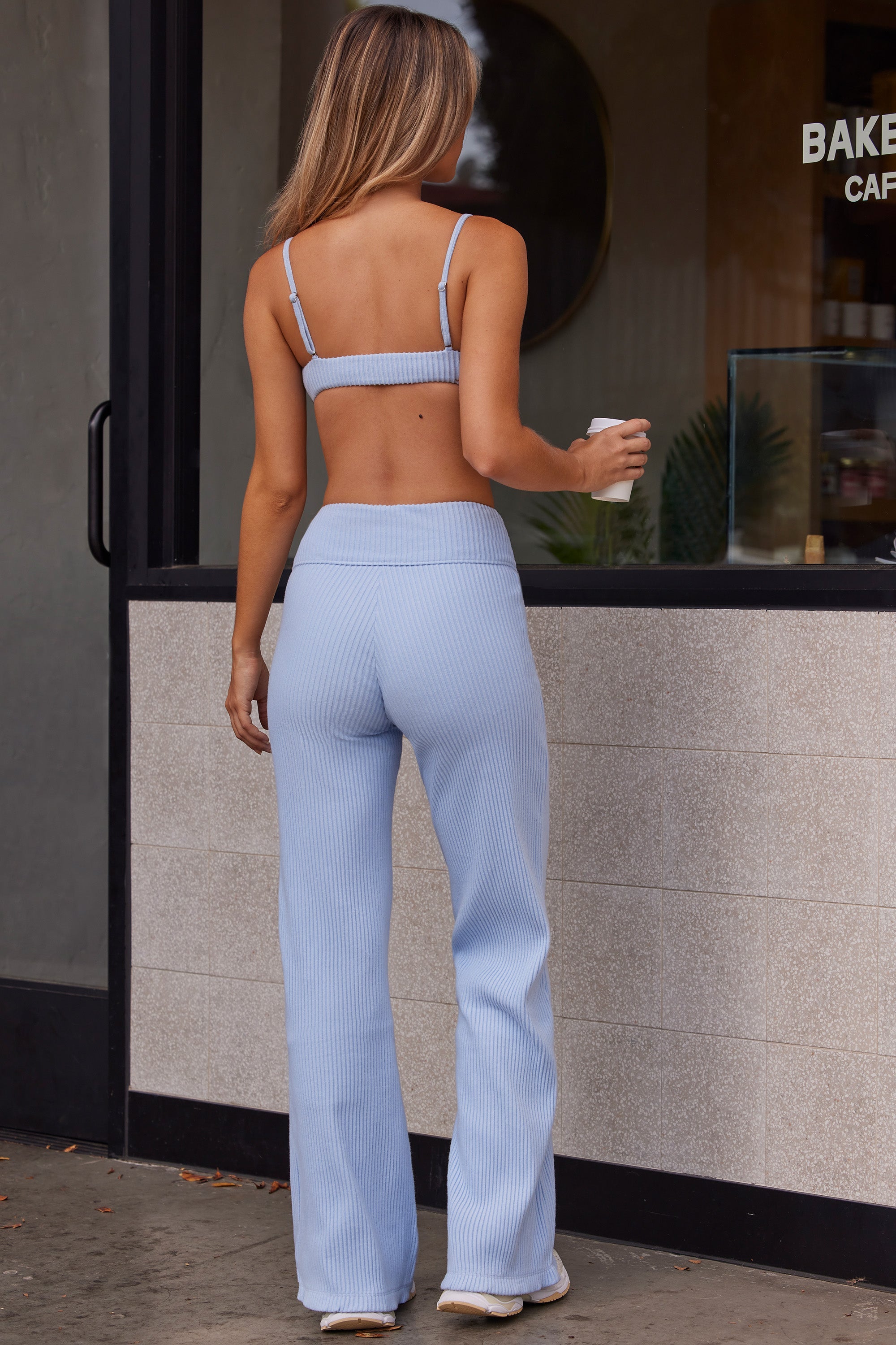 Soft Rib High Waist Wide Leg Fold Over Trousers in Soft Blue - 2
