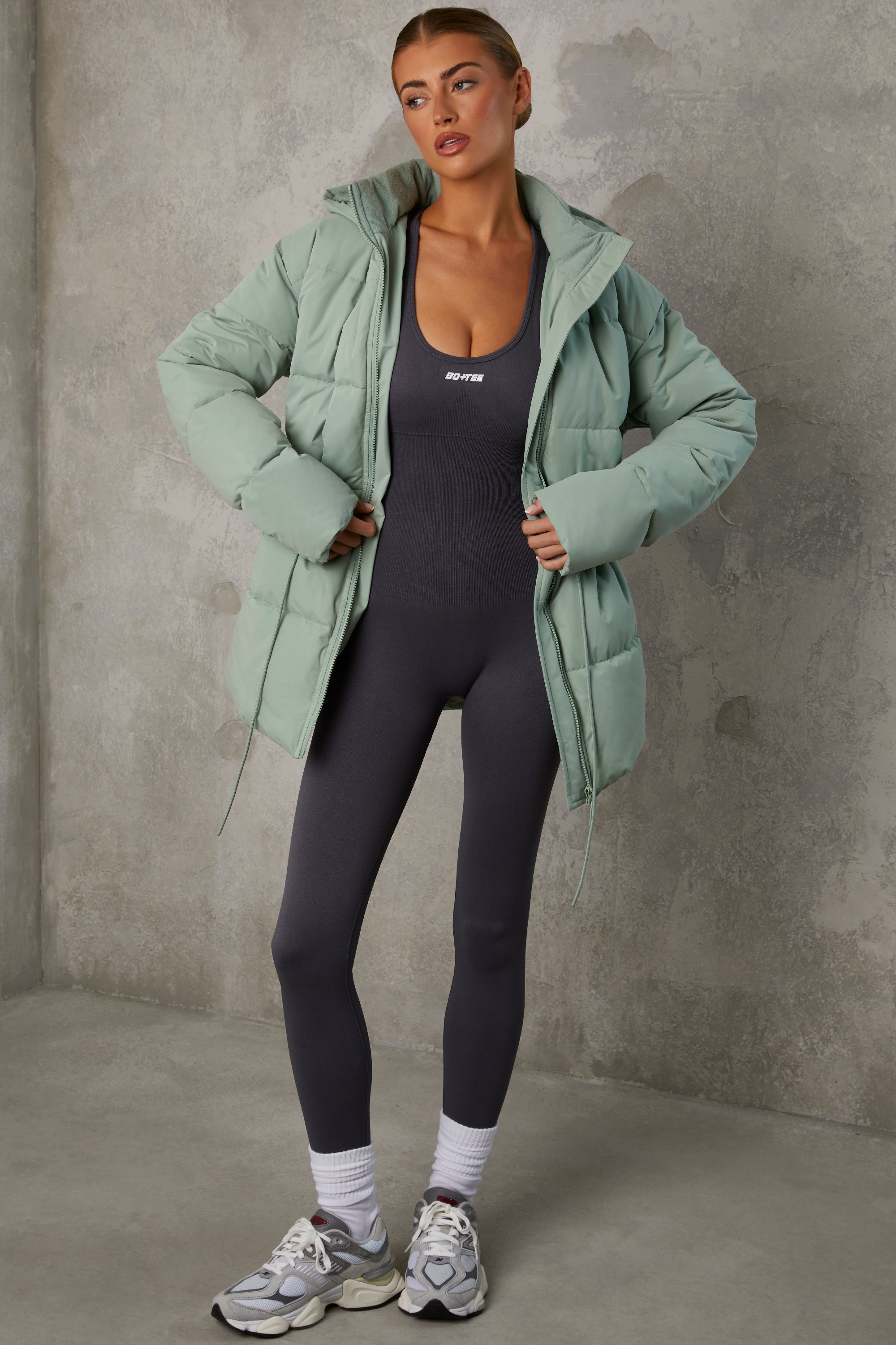 Mid Length Hooded Puffer Coat in Iceberg Green