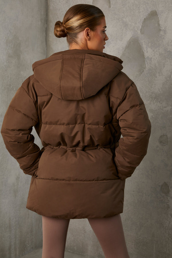 Mid Length Hooded Puffer Coat in Cocoa Brown - 2