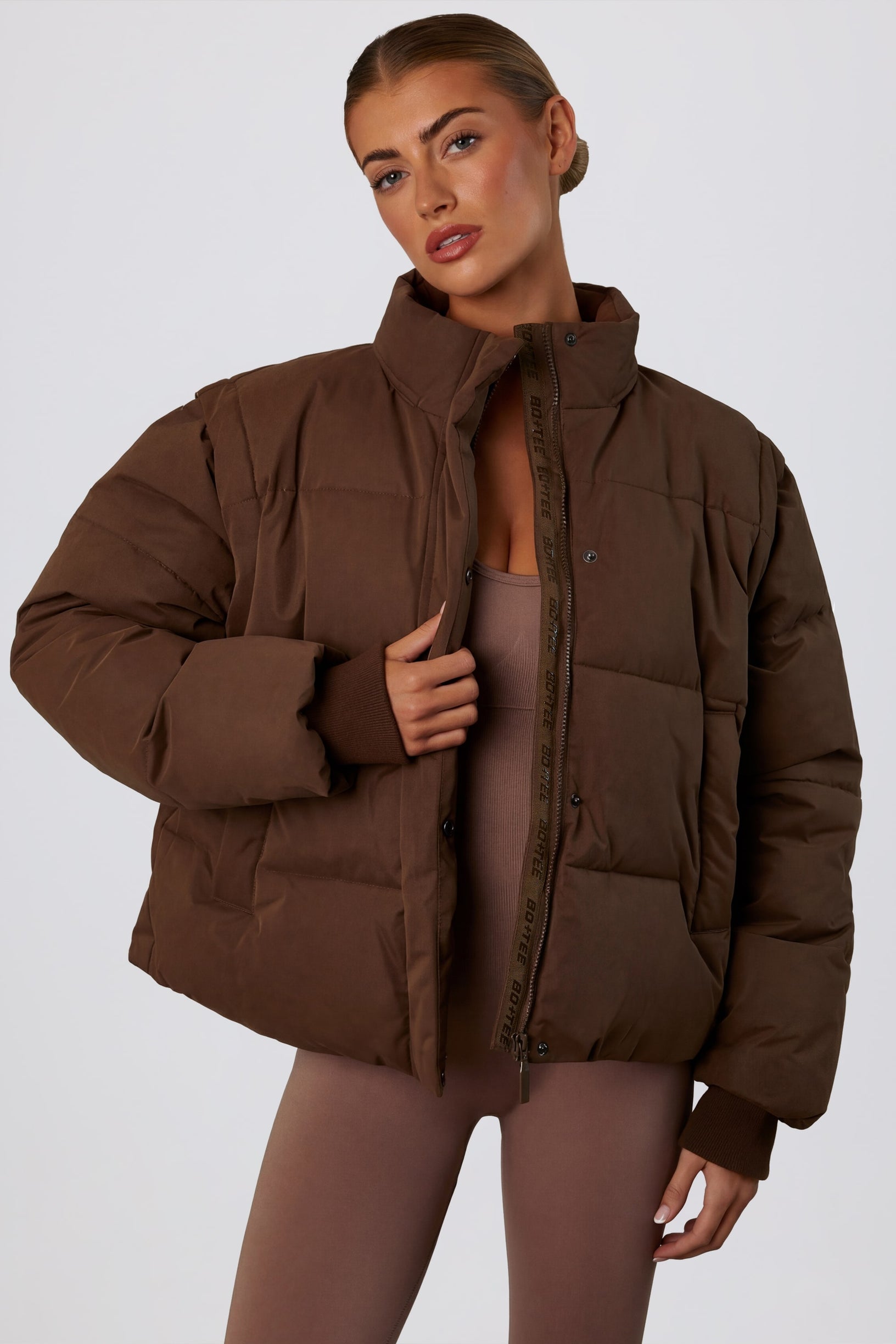 Cropped Puffer Jacket with Detachable Sleeves in Cocoa Brown - 1