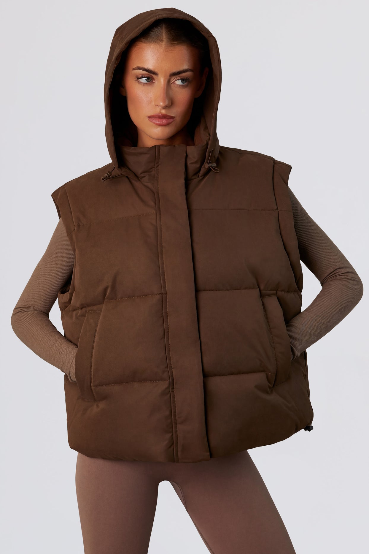 Cropped Puffer Jacket with Detachable Sleeves in Cocoa Brown - 10