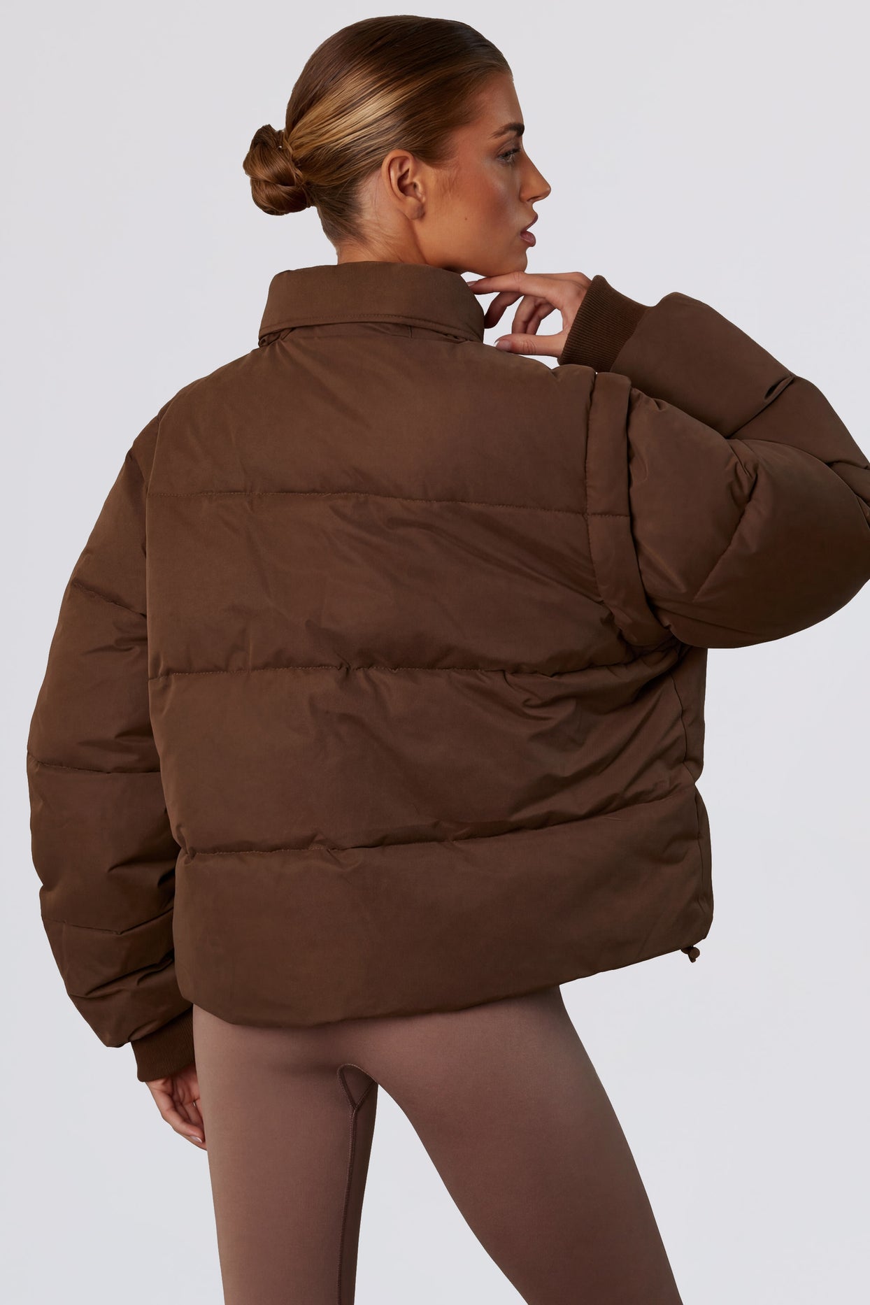Cropped Puffer Jacket with Detachable Sleeves in Cocoa Brown - 7