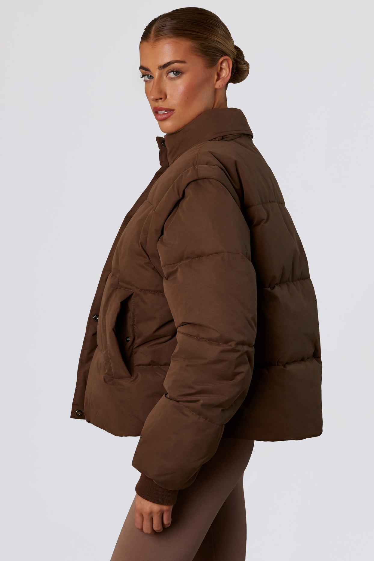 Cropped Puffer Jacket with Detachable Sleeves in Cocoa Brown - 3