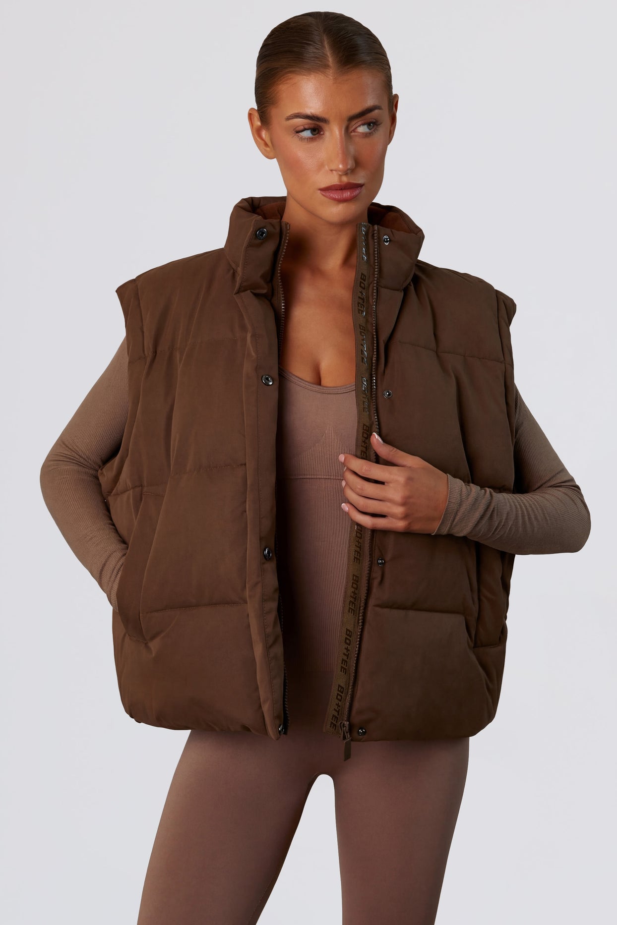 Cropped Puffer Jacket with Detachable Sleeves in Cocoa Brown - 9