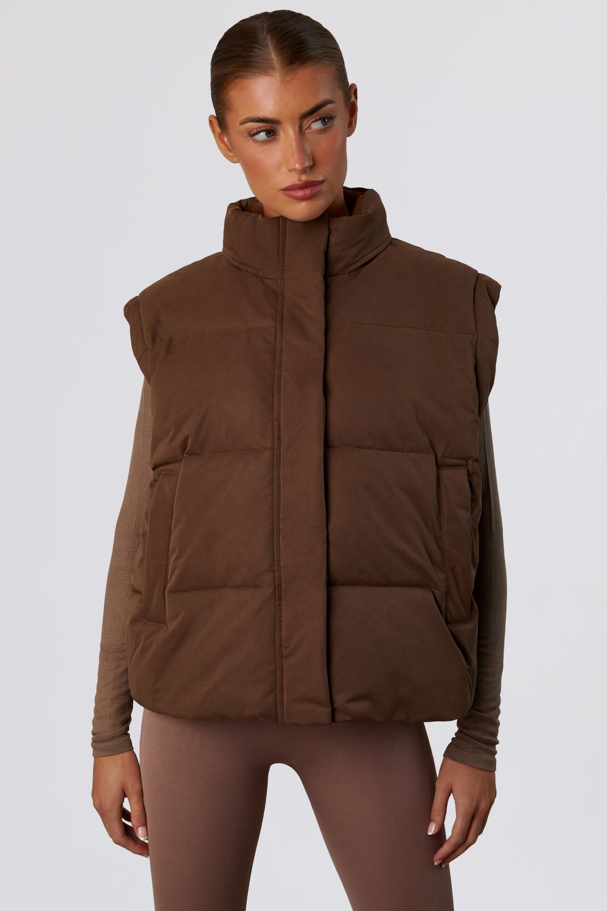 Cropped Puffer Jacket with Detachable Sleeves in Cocoa Brown - 6