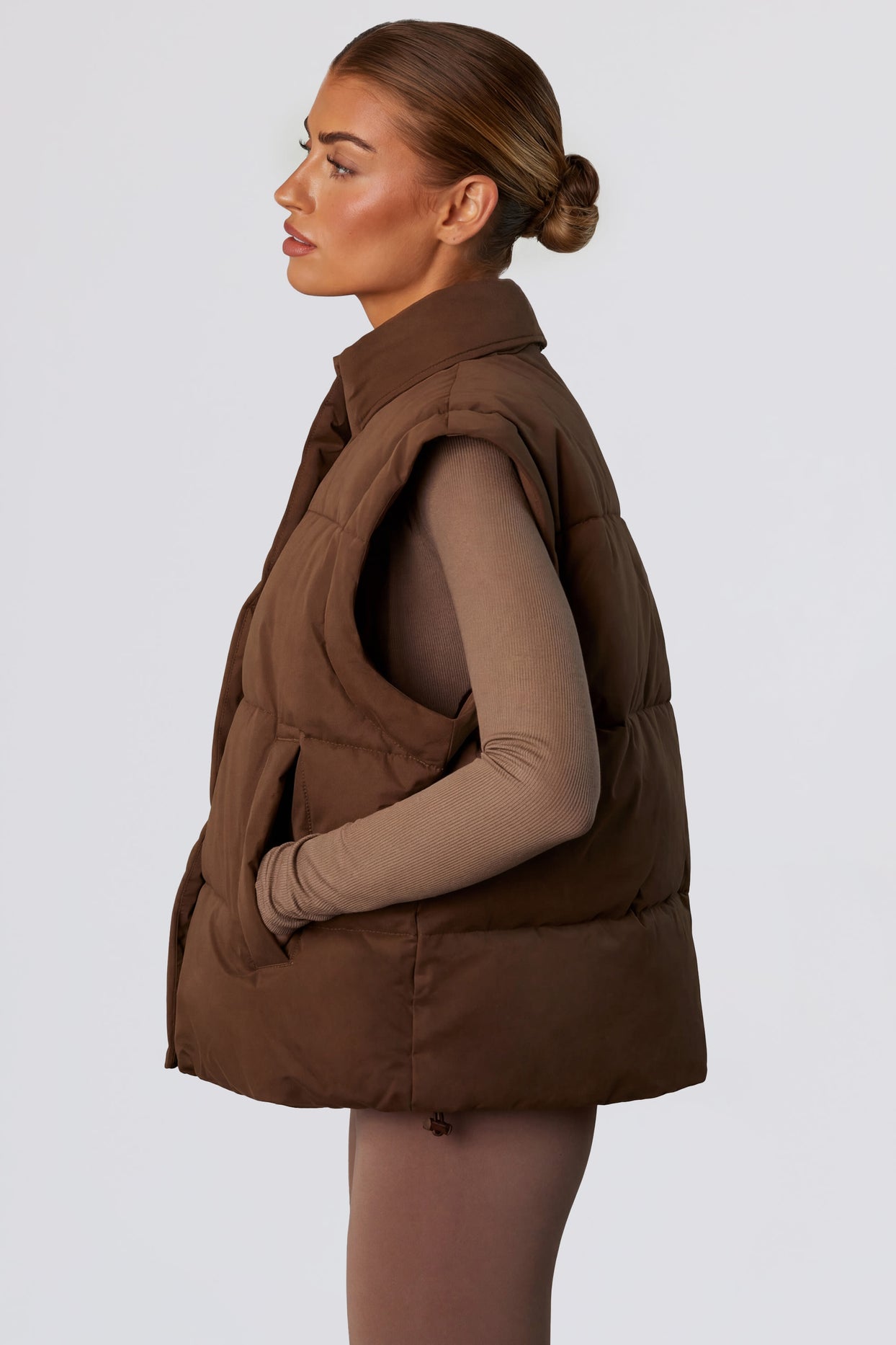Cropped Puffer Jacket with Detachable Sleeves in Cocoa Brown - 8