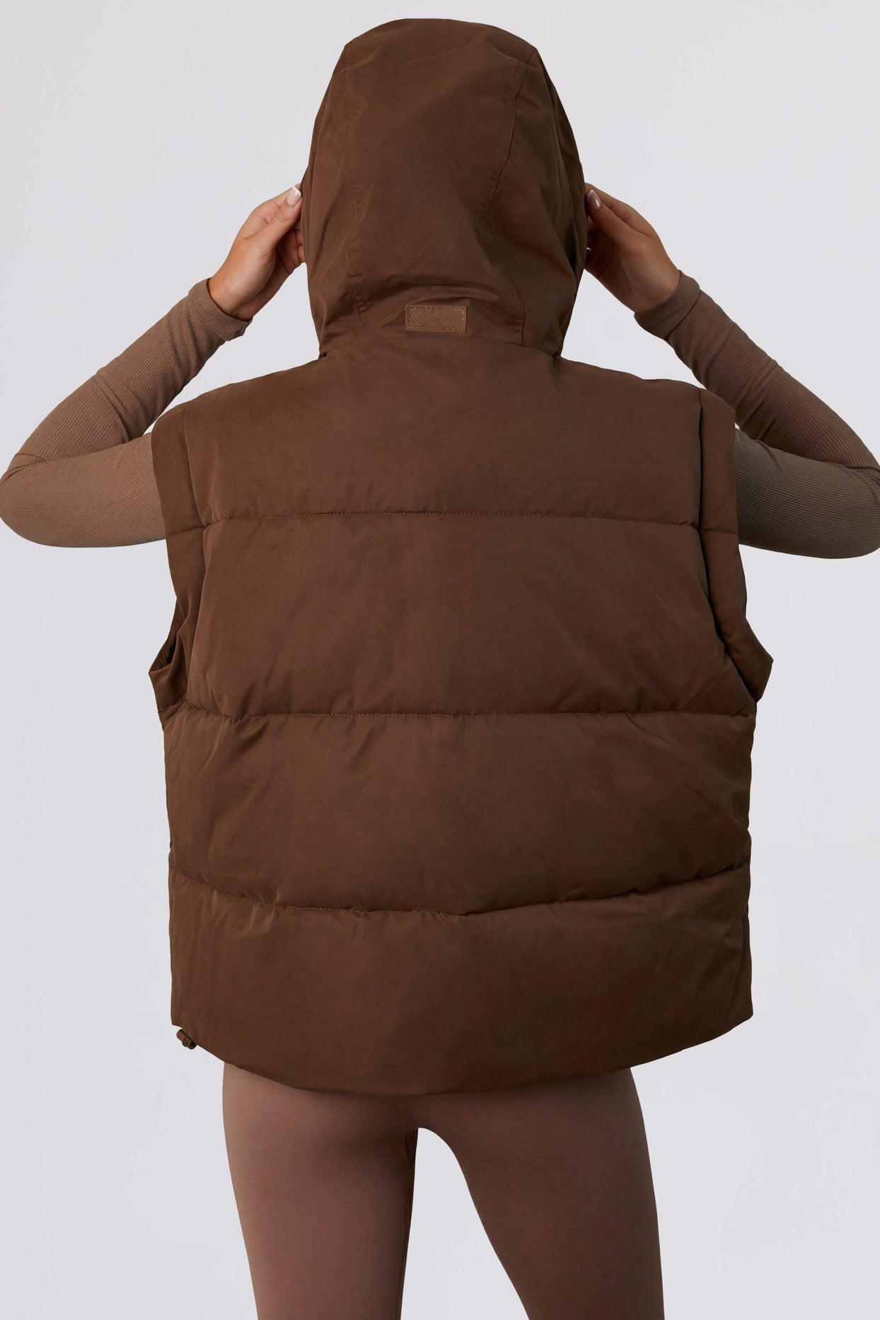 Cropped Puffer Jacket with Detachable Sleeves in Cocoa Brown - 2