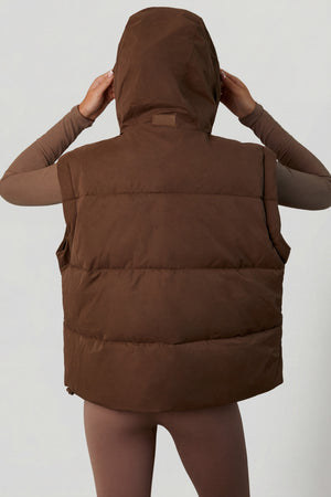 Cropped Puffer Jacket with Detachable Sleeves in Cocoa Brown