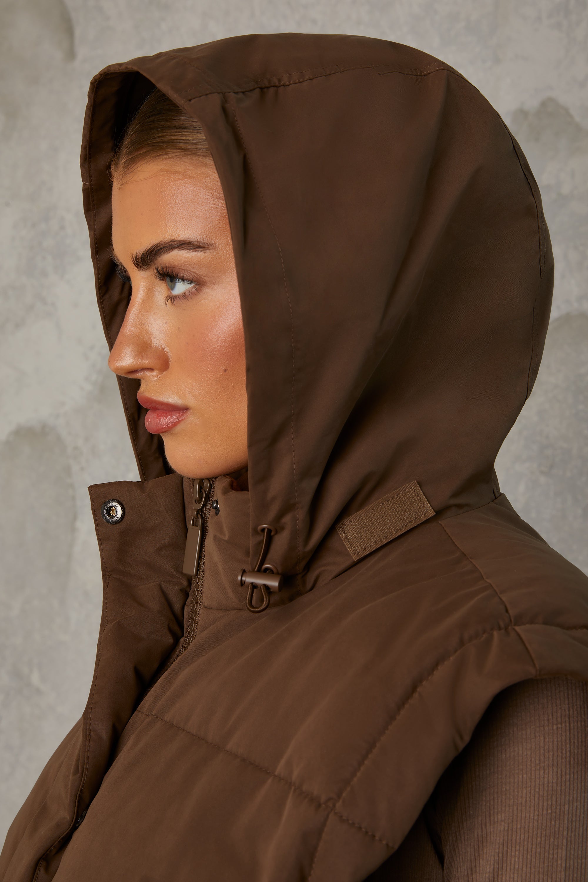 Essential Cropped Puffer Jacket with Detachable Sleeves in Cocoa Brown Oh Polly