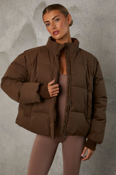 Dark Brown Leather-Look Boxy Puffer Jacket | New Look