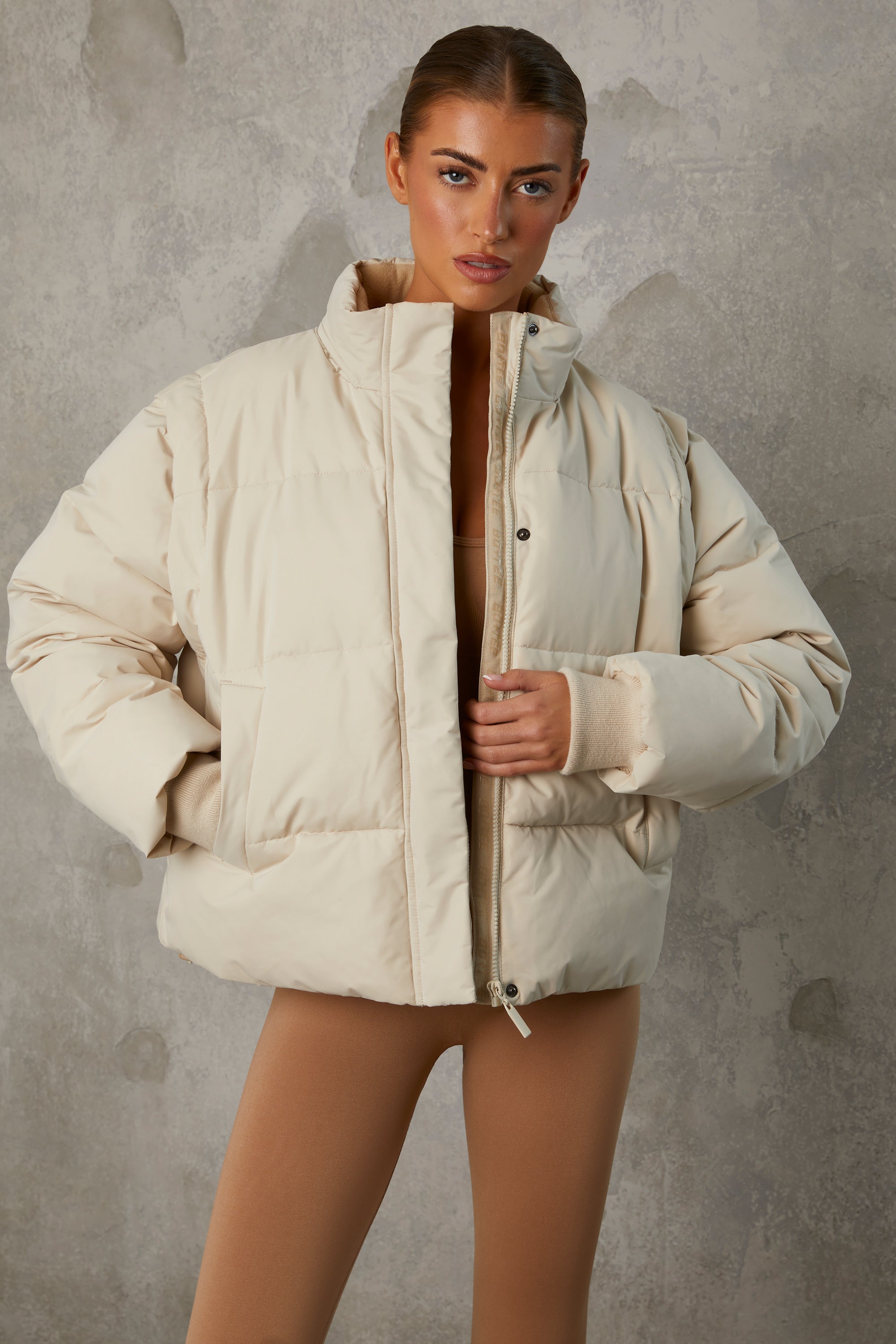 Cropped Puffer Jacket with Detachable Sleeves in Sand