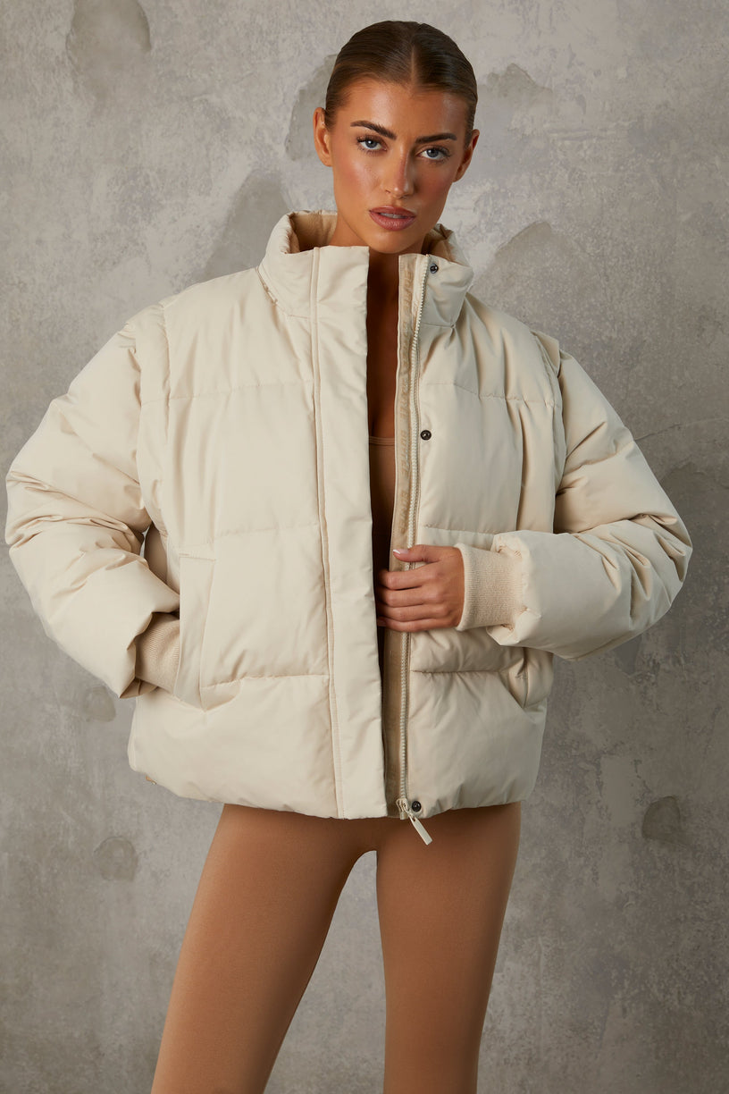 Cropped Puffer Jacket with Detachable Sleeves in Sand - 1