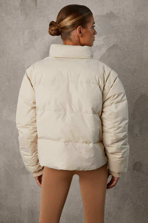 Cropped Puffer Jacket with Detachable Sleeves in Sand - 2